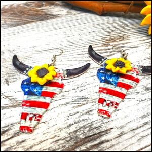 Sunflower Steer Head USA Flag Dangle Earrings